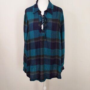 Lane Bryant Plus Size Teal Plaid Long Sleeve Blouse